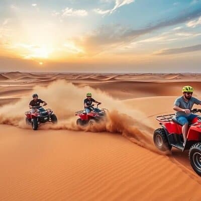 VIP sunset View Dubai desert Safari camel Ride with quad bike