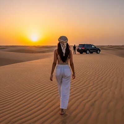 Dubai Sunset Desert Safari, sandboarding & camels with transfers